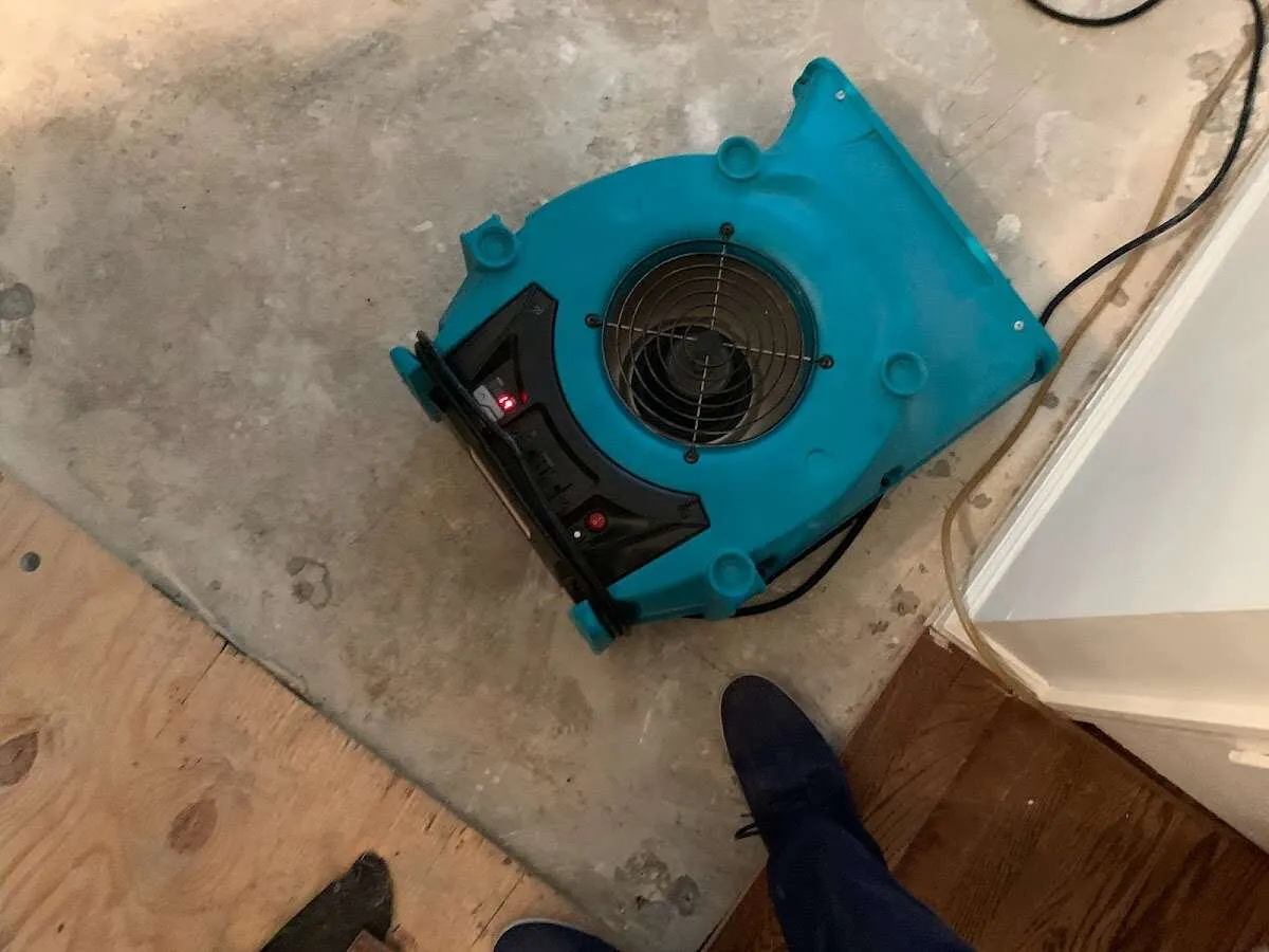 Air mover drying subfloor during Leak Detection & Repair in Haverford